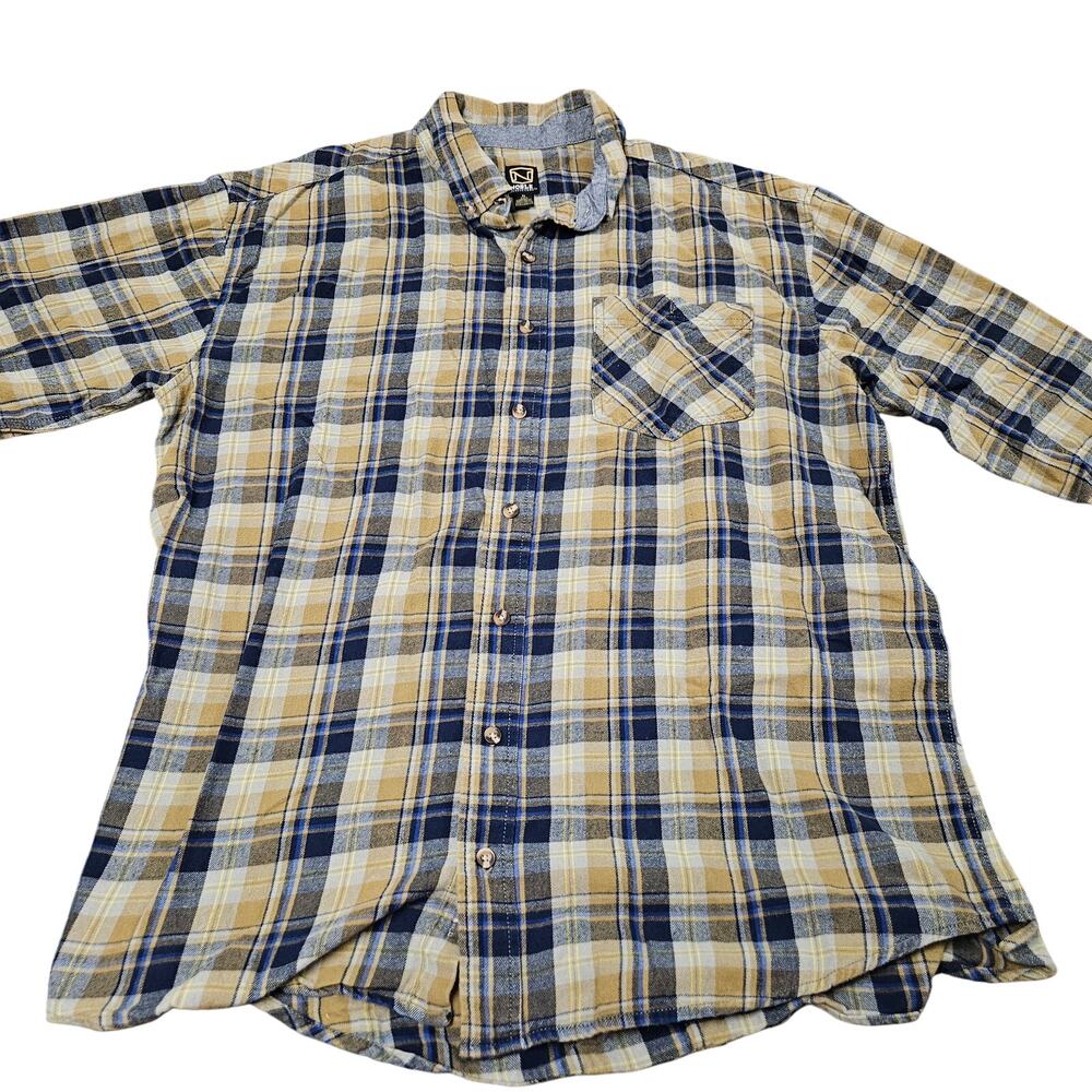 Noble Outfitters Flannel Shirt Mens XL Tall Yellow Blue‎ Plaid Cotton Workwear